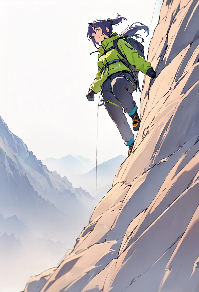 { - anatomy error} , ((Best Quality)), ((masterpiece)), (detailed), score_9,score_8_up,score_7_up,1 woman, ponytail, climbing a mountain, smiling, looking down, ((downward shot)), wearing a mountaineering clothing, background is the top of a mountain panorama