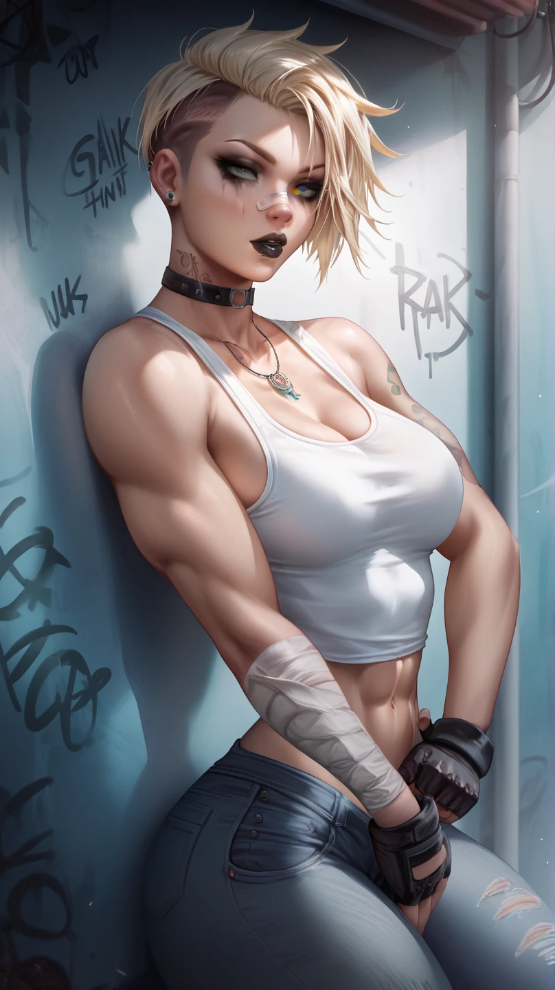 A mean looking woman with blonde short undercut hair, wearing a white tank top and ripped jeans, tattoo on arm, black makeup, black lips, leaning against the wall in the alleyway, bandage on nose, muscular,