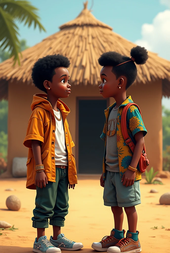A skinny clotheless African kid with his friends