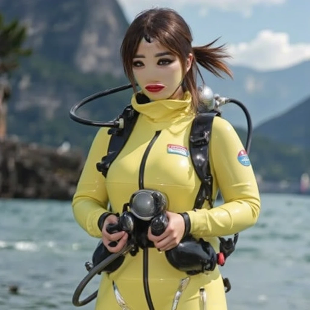 A documentary photo, Photo-realistic, ultra-realistic, (Japanese beautiful young woman, famous Japanese idol, boyish cool face:1.3), wetlook rubberish pink clothes,, she is a military diver of Japan navy, experienced military diver, wearing a professional wetsuits for military diver with professional scuba equipment, She is on a shlre, She is preparing to scuba dive for a lifesaving mission, there is a large battle ship behind her,, Natural Makeup, boyish face ,Front View:1.21, Perfect Anatomy:1.21, Small head:1.21, Slender body:1.37, Narrow waist:1.5, Thin limbs:1.5, Flat Chest:1.5, Anatomically correct limbs, Diving Suits warm  wetlook (high  collar, downed hood), Fully equipped for diving, Very cute Japanese woman, Brown Hair, Chignon Hair, Calm sea in qinter, Dynamic and emotional movie lighting, 