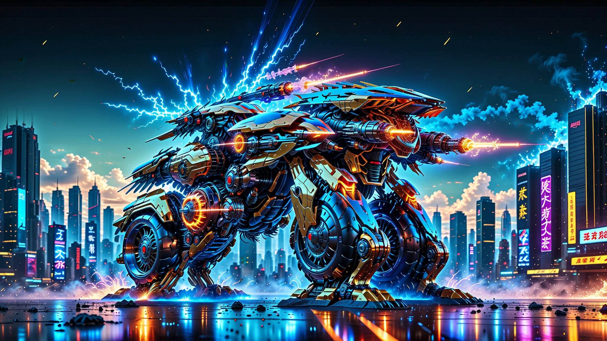 A Masterpiece In 32K Resolution, Supreme Quality, Super Detail, Official Art, Very High-Resolution 32K Wallpaper, Beautiful And Aesthetic, Ultra-Detailed Features, Awe-Inspiring Detail. An Anime-Style Mecha Robot Engaged In A Dynamic Battle In A Futuristic City. The Mecha Has Sleek, Modern Lines With Glowing Energy Cores, And It’s Surrounded By Explosions And Laser Beams. The Background Features A Crumbling Cityscape With Neon Signs, Adding A Sci-Fi Vibe.