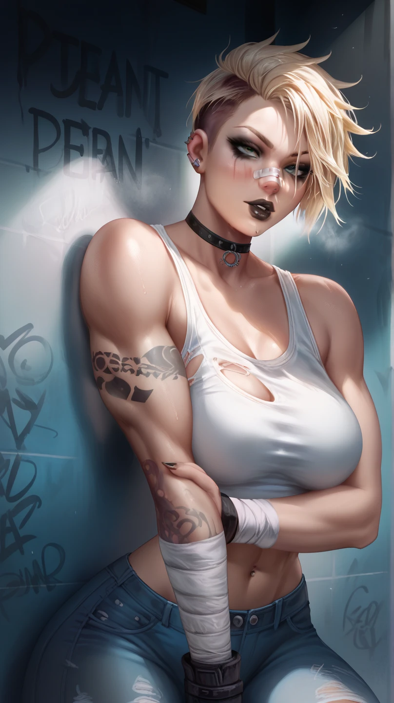 A mean looking woman with blonde short undercut hair, wearing a white tank top and ripped jeans, tattoo on arm, black makeup, black lips, leaning against the wall in the alleyway, bandage on nose, muscular,