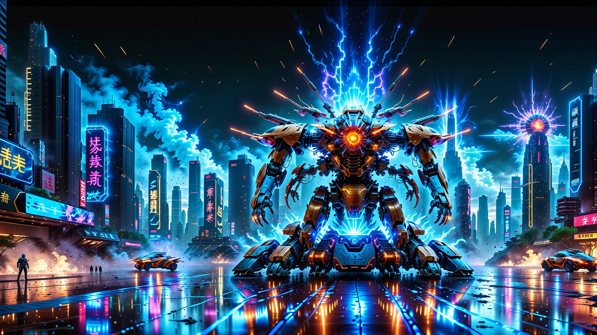 A Masterpiece In 32K Resolution, Supreme Quality, Super Detail, Official Art, Very High-Resolution 32K Wallpaper, Beautiful And Aesthetic, Ultra-Detailed Features, Awe-Inspiring Detail. An Anime-Style Mecha Robot Engaged In A Dynamic Battle In A Futuristic City. The Mecha Has Sleek, Modern Lines With Glowing Energy Cores, And It’s Surrounded By Explosions And Laser Beams. The Background Features A Crumbling Cityscape With Neon Signs, Adding A Sci-Fi Vibe.