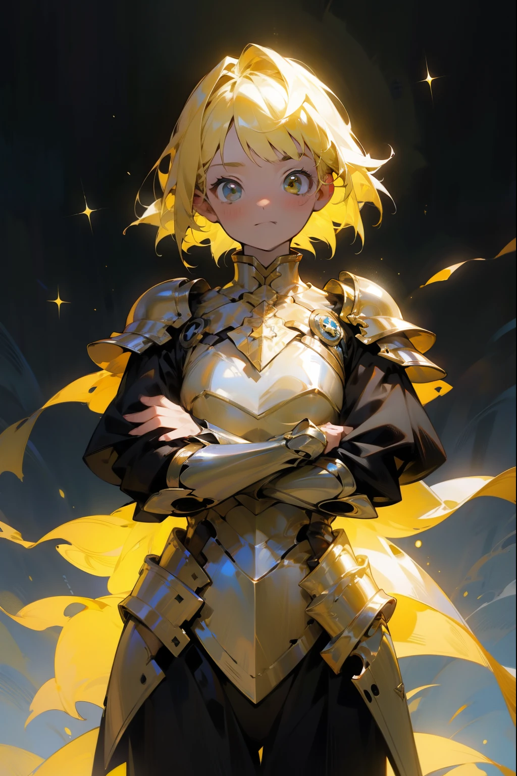  one woman、 One Woman , No Emotion、Fantastic look, masterpiece,  top quality,  high definition , One Woman 性, Alone,  yellow hair , tight hairstyle、armor、重いarmor、 cross your arms、 One Woman 性,黒と黄色のarmor、 Alone,  yellow hair ,  dark background , starlight, star,