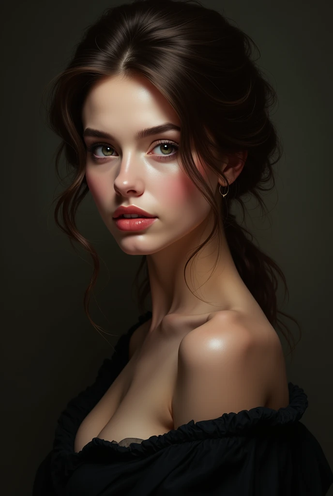 A , enigmatic girl with an extraordinary allure. Framed against a dark background, her smooth skin glows under subtle, sharp focus lighting. Her lascivious gaze pierces through the shadows, capturing and captivating. A sensual, erotic energy emanates from this fantasy oil painting in the style of Fr4z3tt4, as if Rogi's brushstrokes have awakened an artstation concept art piece come to life.