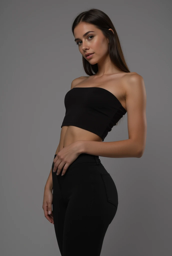 a woman in a preto top and tan skirt posing for a picture, wearing a preto cropped tank top, wearing a cropped preto tank top, preto top, she is wearing a preto tank top, preto tank top, tight preto tanktop, preto tanktop, preto, preto halter top, corte superior, tight preto tank top and shorts, wearing preto camisole outfit