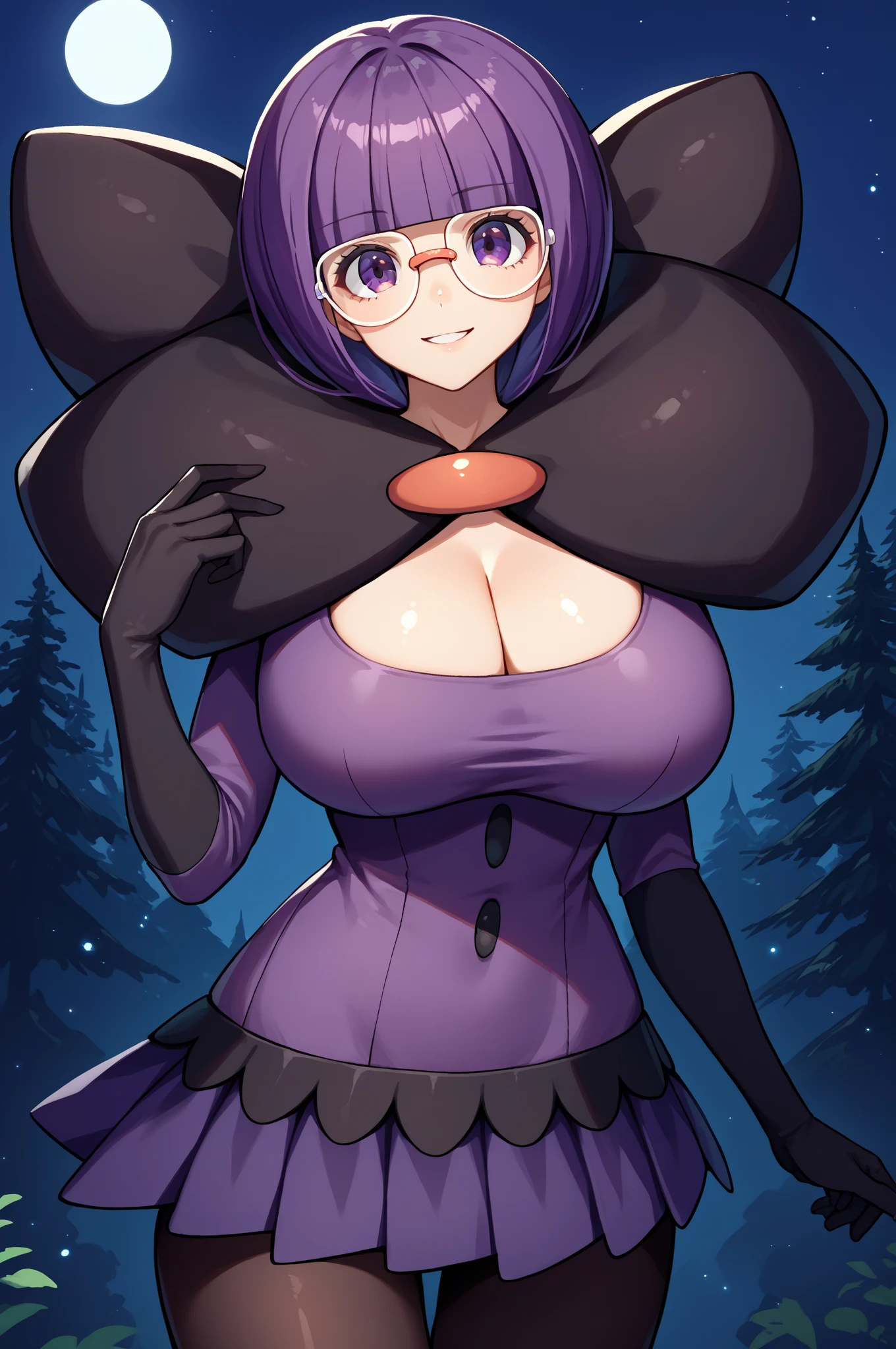 score_9, score_8_up, score_7_up, score_6_up, source_anime, 1girl, solo,  shauntal, purple hair, blunt bangs, bob cut, purple eyes, round glasses, black capelet, large bow, purple shirt, collarbone, cleavage, buttons, purple skirt, long sleeves, black gloves, elbow gloves, black pantyhose, huge breasts, looking at you, smile, night sky, night, forest