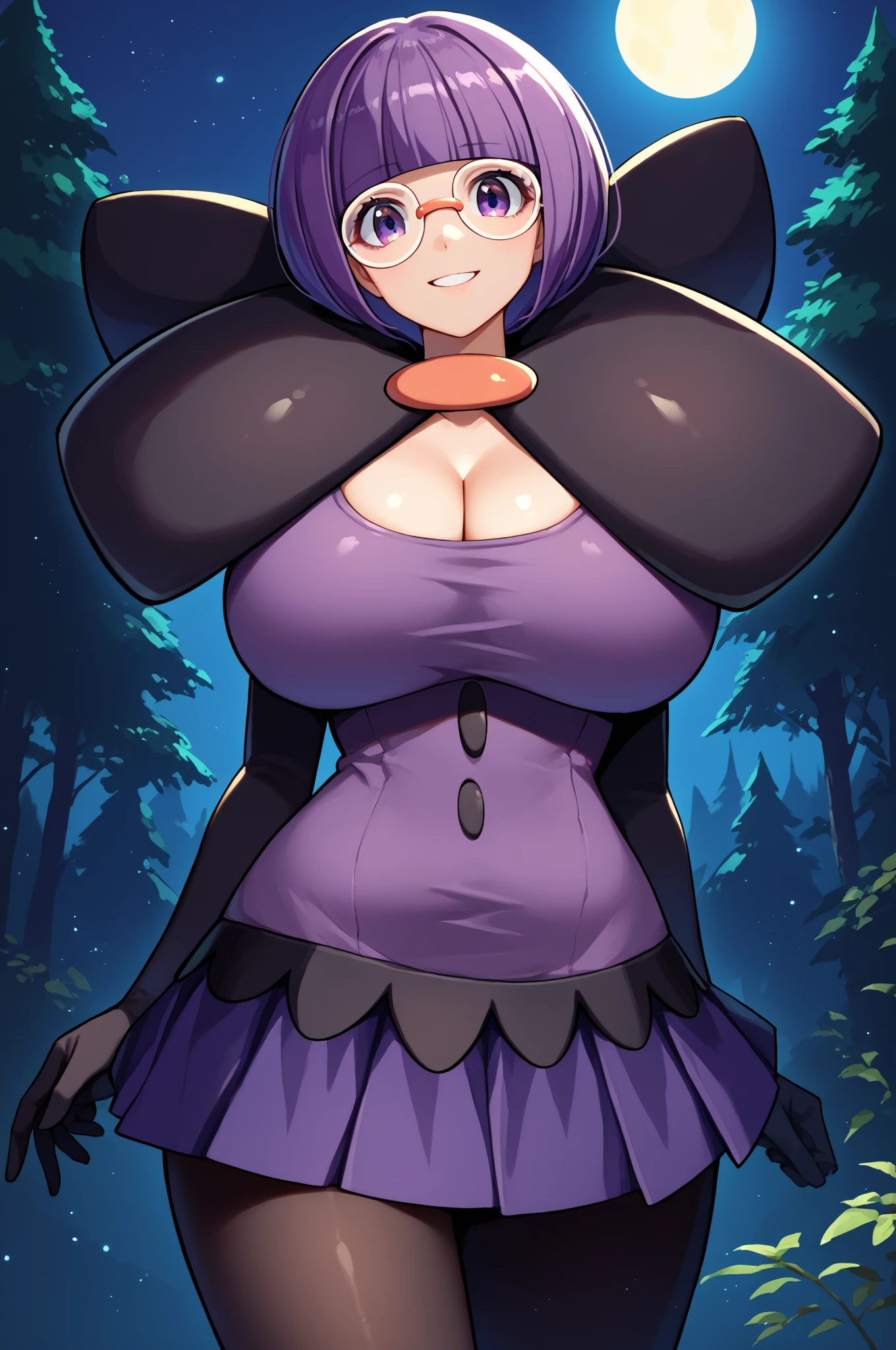 score_9, score_8_up, score_7_up, score_6_up, source_anime, 1girl, solo,  shauntal, purple hair, blunt bangs, bob cut, purple eyes, round glasses, black capelet, large bow, purple shirt, collarbone, cleavage, buttons, purple skirt, long sleeves, black gloves, elbow gloves, black pantyhose, huge breasts, looking at you, smile, night sky, night, forest