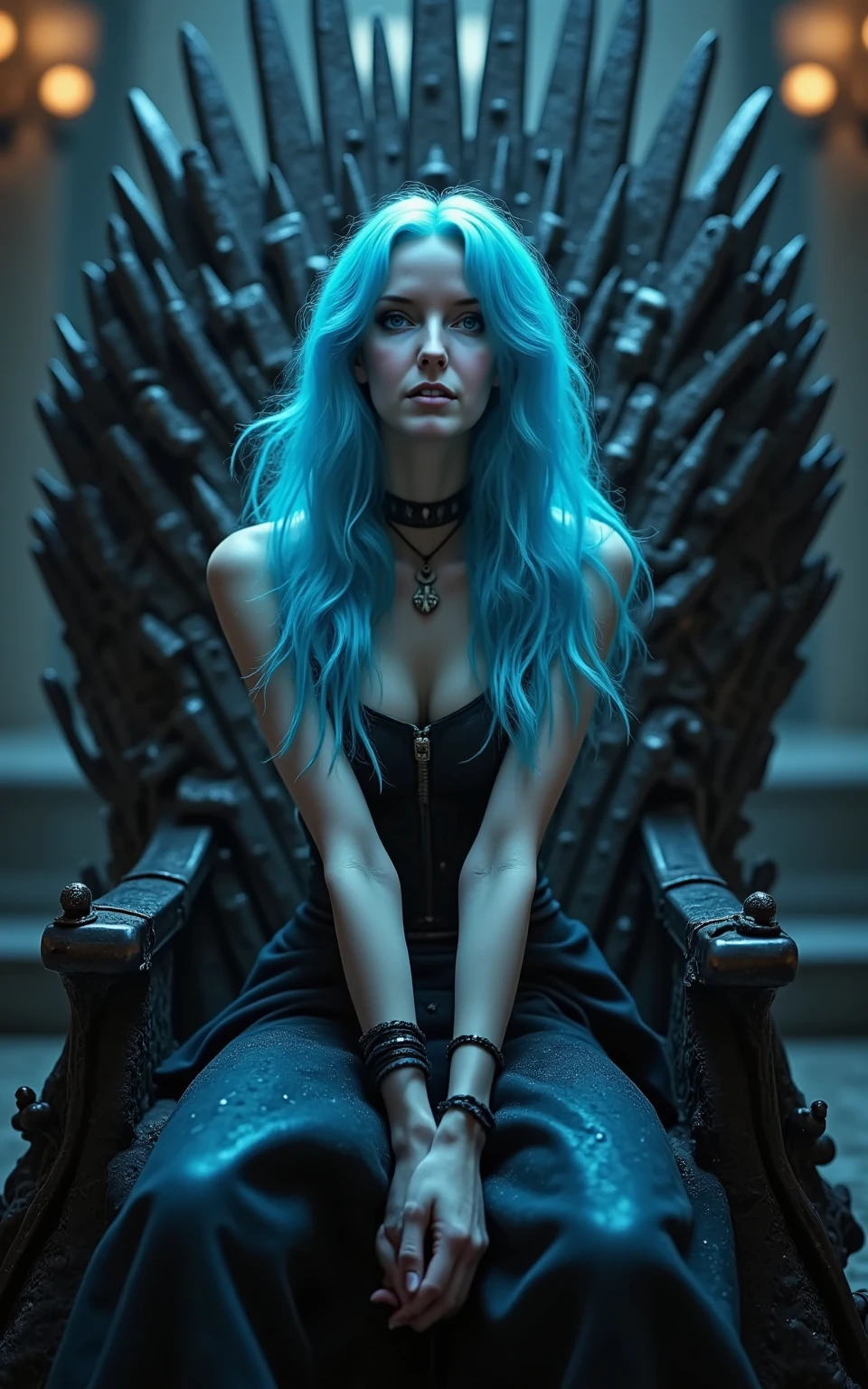  close-up cinema photo ,  a text title movie poster  " XUER one cyan ten color ",  An extremely beautiful girl ,  is wearing medieval armor , Krone,  sitting on an iron throne , ,  very detailed ,  parody movie poster ,  a digital movie poster illustration , Game of Thrones，

XUER INS Stil, 1 girl,Alone,  looks at the viewer ,extremely beautiful skin,  light blue skin texture , big breasts,Earrings,
 The woman has long , wavy,  light blue hair falls over her back .  your skin color is bright ,  and she seems more Caucasian Being of descent .
 She wears a black necklace and multiple bracelets on her wrists.  focusing on fashion and style .

 very detailed , Ultra High Resolution ,32K uhd,sharp focus, best quality , masterpiece,unconventional supreme  masterpiece, masterful details , depth of field ,blurred background, blurred foreground , motion blur ,going really fast  masterpiece,Deep Focus,
 coloring cinematographically , atmospheric lighting, prize film grain , A shot with excitement ,(  visual effect , gives the poster a dynamic and visually impressive look :1.2), impressive picture ,
ultra-realistic,High Dynamic Range,Fotoreal,Epos realistic,Dark shot,Shadow,( This is a really high-resolution photo :1.1), with professional photography and high resolution ，
Contrast, layered colors , bright colors,Contrast, official art ,Movie perspective , very aesthetic ,zerzaustes Haar, perfect composition , complicated details ,moody,Epos,Fotorealistic,
 complicated details ,calming tones,high Contrast, natural skin structure , soft light,sharp, masterpiece, best quality ,(ray tracing),sunlight,insanely interplay between lights and Shadow,

