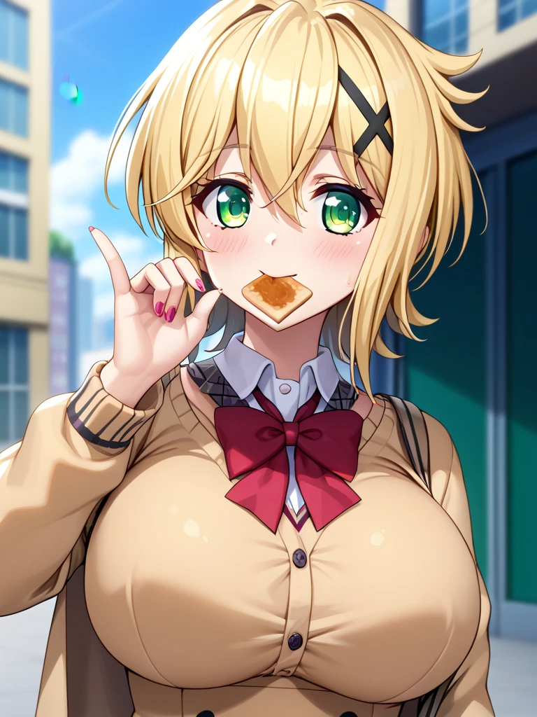 akatsuki kirika,blonde hair,1girl,solo,green eyes,looking,huge breasts,x hair ornament,short hair,(((school uniform))),put toast in mouth,((runing In the city)),city,((masterpiece)), ((best quality)), (ultra-detailed), ((extremely detailed)), 4K, (8K), best quality, (beautiful),(naughty :1.4),(latex skin: 1.1) and (perfect shiny skin: 1.2) and (damp skin: 1.1),((((Five fingers)))),((Perfect hands)),