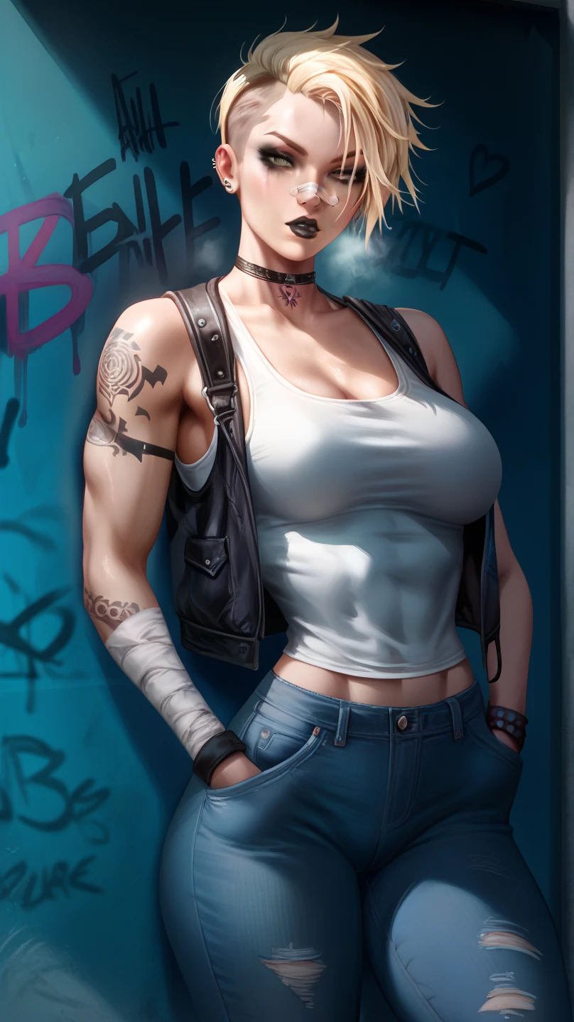 A mean looking woman with blonde short undercut hair, wearing a white tank top and ripped jeans, tattoo on arm, black makeup, black lips, leaning against the wall in the alleyway, bandage on nose, muscular, hands inside pockets