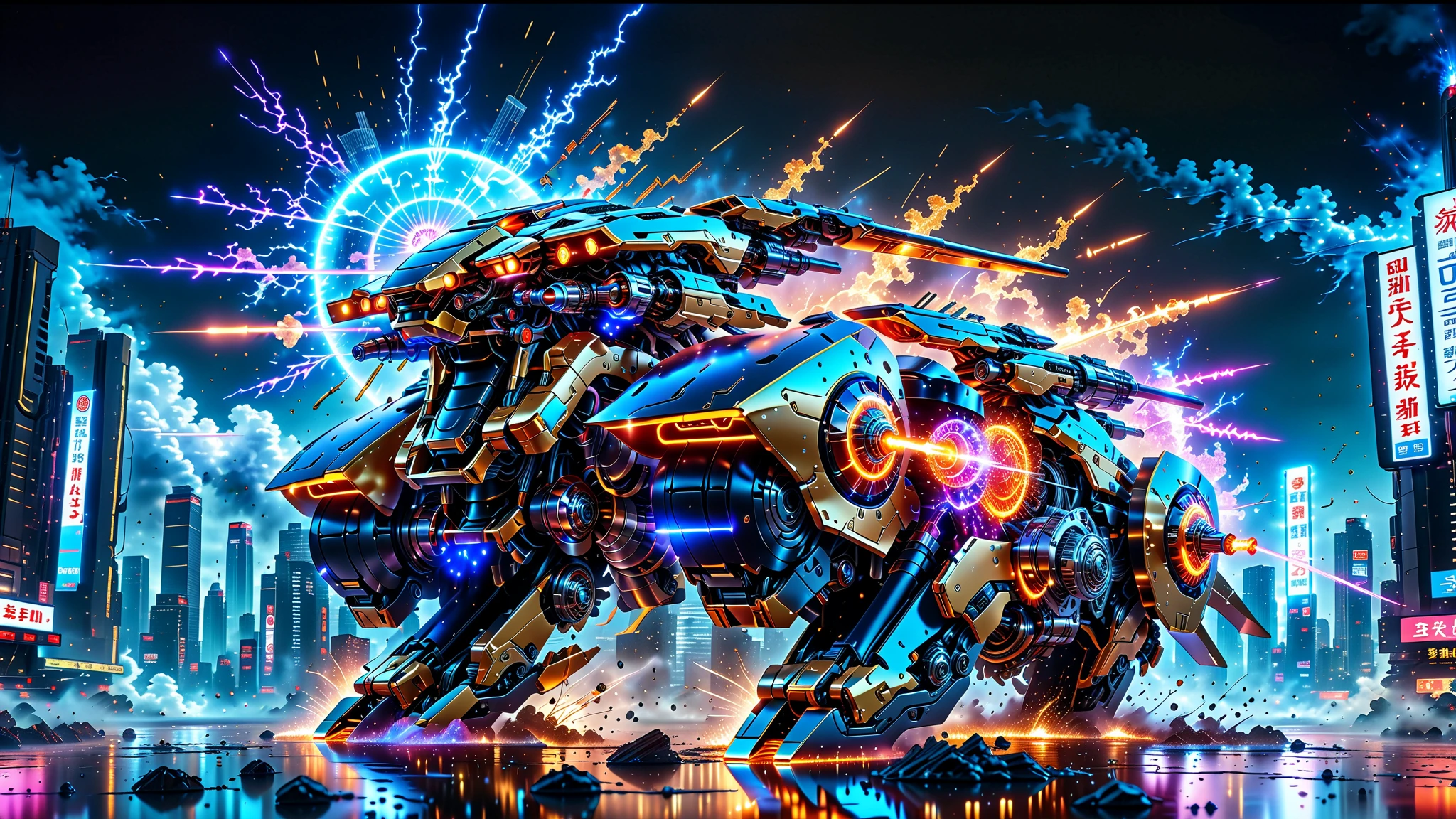 A Masterpiece In 32K Resolution, Supreme Quality, Super Detail, Official Art, Very High-Resolution 32K Wallpaper, Beautiful And Aesthetic, Ultra-Detailed Features, Awe-Inspiring Detail. An Anime-Style Mecha Robot Engaged In A Dynamic Battle In A Futuristic City. The Mecha Has Sleek, Modern Lines With Glowing Energy Cores, And It’s Surrounded By Explosions And Laser Beams. The Background Features A Crumbling Cityscape With Neon Signs, Adding A Sci-Fi Vibe.