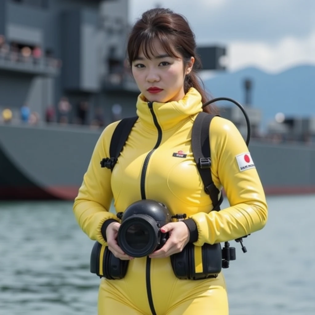 A documentary photo, Photo-realistic, ultra-realistic, (Japanese beautiful young woman, famous Japanese idol, boyish cool face:1.3), wetlook rubberish pink clothes,, she is a military diver of Japan navy, experienced military diver, wearing a professional wetsuits for military diver with professional scuba equipment, She is on a shlre, She is preparing to scuba dive for a lifesaving mission, there is a large battle ship behind her,, Natural Makeup, boyish face ,Front View:1.21, Perfect Anatomy:1.21, Small head:1.21, Slender body:1.37, Narrow waist:1.5, Thin limbs:1.5, Flat Chest:1.5, Anatomically correct limbs, Diving Suits warm  wetlook (high  collar, downed hood), Fully equipped for diving, Very cute Japanese woman, Brown Hair, Chignon Hair, Calm sea in qinter, Dynamic and emotional movie lighting, 