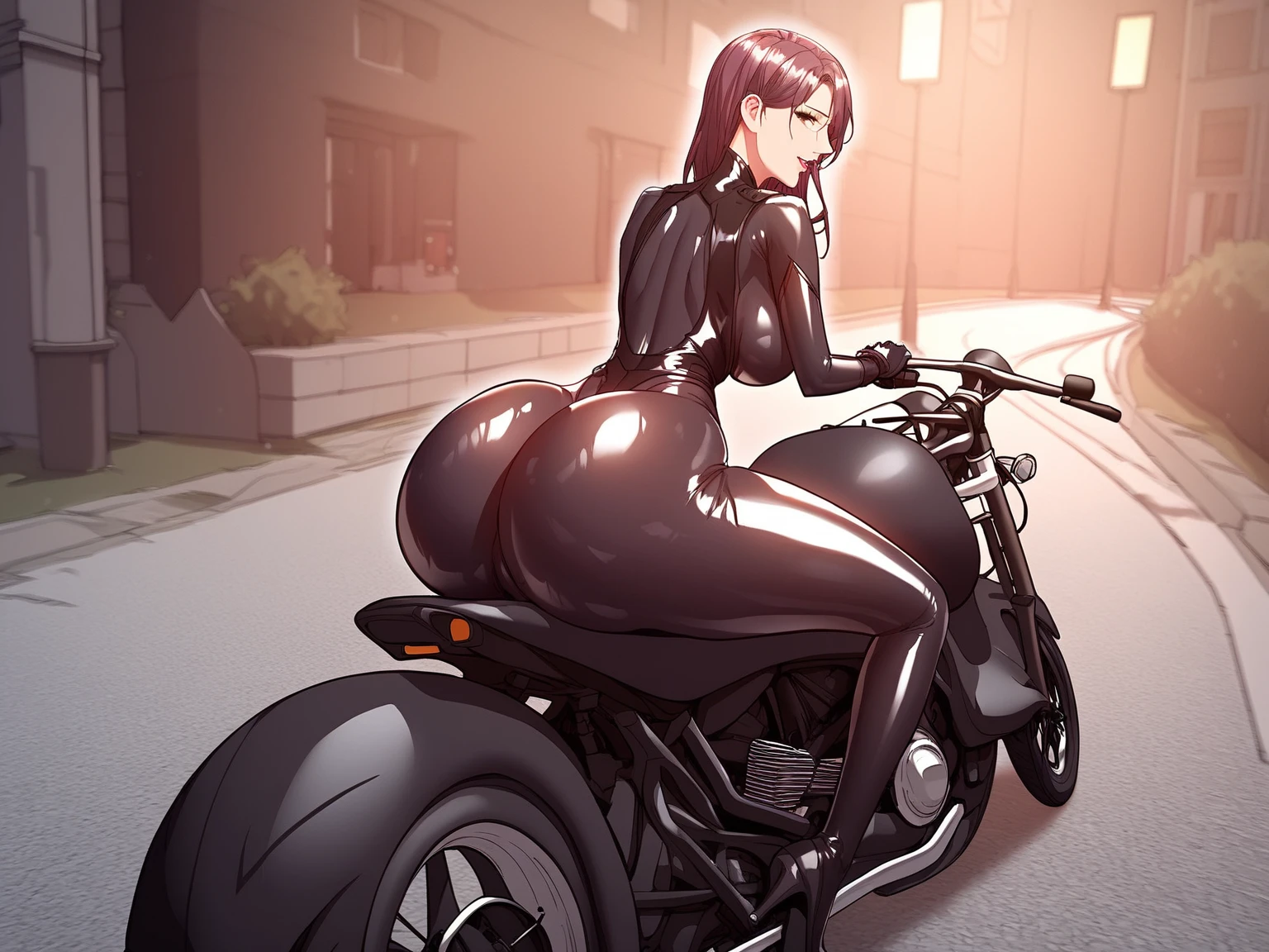 score_9, score_8_up, score_7_up, ASCII masterpiece, source_anime, BREAK, 1women, solo, (( gyong-eun, thin waist, wide hips, beautiful skin,, huge and shaggy breast, beauty, extraordinary beautiful woman, attractive woman, super sexy, beautiful milf, )) , , leaning, riding sports bike , , motorcycle, sitting, on motorcycle, erotic dark  black latex bodysuit, shiny latex bodysuit, night, street, back view, looking back, heavenly ass, huge ass, nice ass, celestial ass, sexiest ass, 