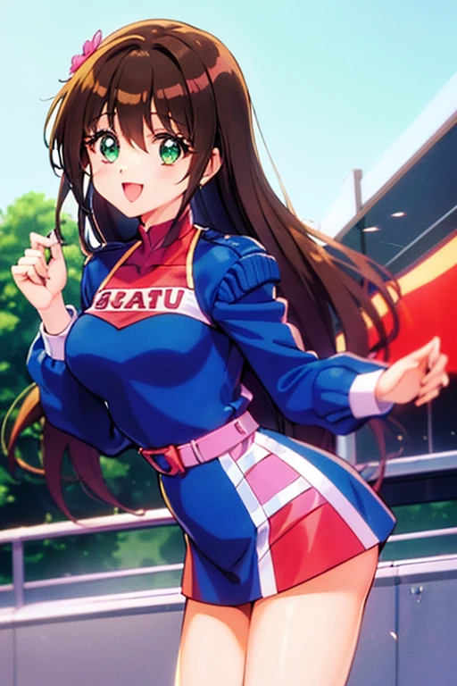 Asusdol,  1 girl, Alone,  heart,  hair ornament,emerald green eyes、 jacket,  dress, open mouth, 1990s ( style for stilets), looking at viewer, smile,  outdoor, null,  Cowboy Shot ,  clevis cut out,  race queen 、lean forward