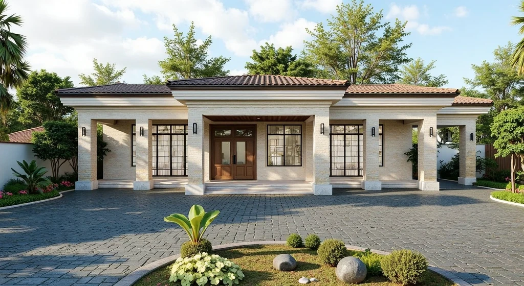 PLATFORM KTHOUSE, 1 morden villa, slope roof, main material of villa about build color wall:1.2 glass panel:1.1 and stone:1.2, 1large yard, 1 road runs in front of the house, (RAW photo, real, best quality, masterpiece:1.2), look morden minimalist, 1 road in front of the house, dynamic lighting:1.3, (hyper realistic, photo-realistic:1.2), high quality, (dark lighting:1.2), perfect lighting, archdaily, no human, light at 12 noon, light in door:1.2