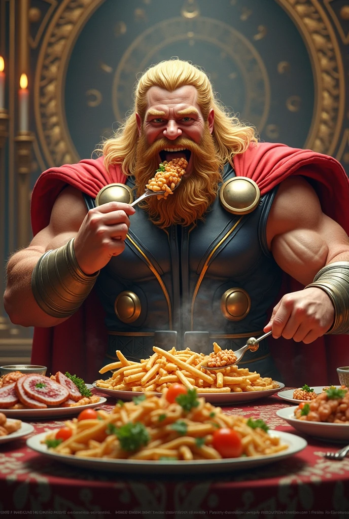 very fat thor eating large pizza, high details, hyper realistic, realistic, 8k