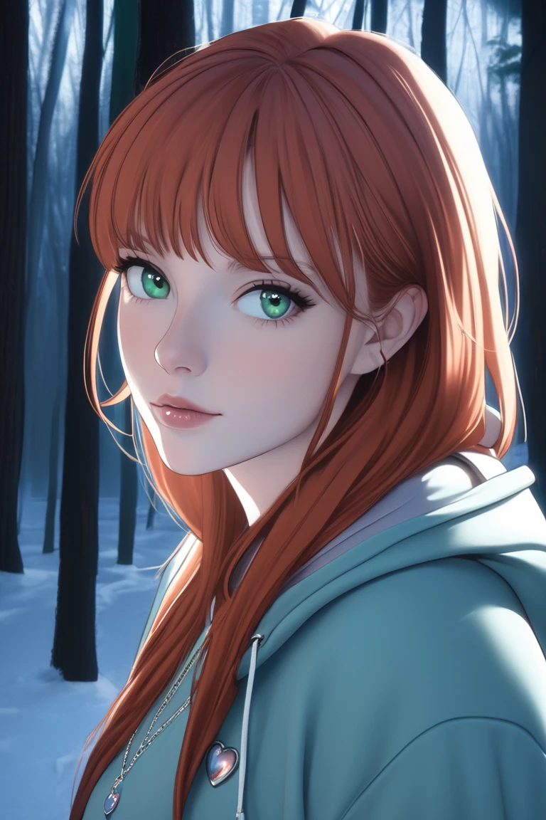 high production value modern fantasy-style candid picture of a young woman in her 30s with fair skin, very light make-up, soft face, straight medium length auburn-red hair, dark green eyes, wearing a modern light blue hoodie, leggings, and small heart-shaped silver necklace, looking over her shoulder, standing in a wintry moonlit forest