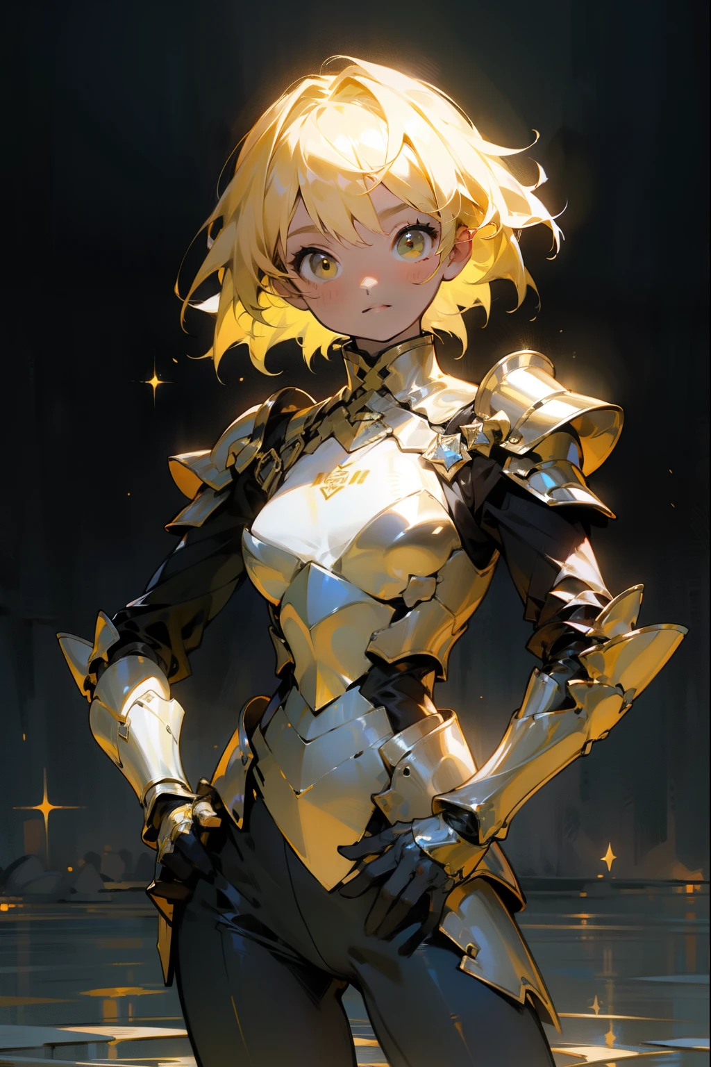  one woman、 One Woman , No Emotion、Fantastic look, masterpiece,  top quality,  high definition , One Woman 性, Alone,  yellow hair , putting hands on lower back 、armor、重いarmor、 place your hands on your hips、 One Woman 性,黒と黄色のarmor、 Alone,  yellow hair ,  dark background , starlight, star,