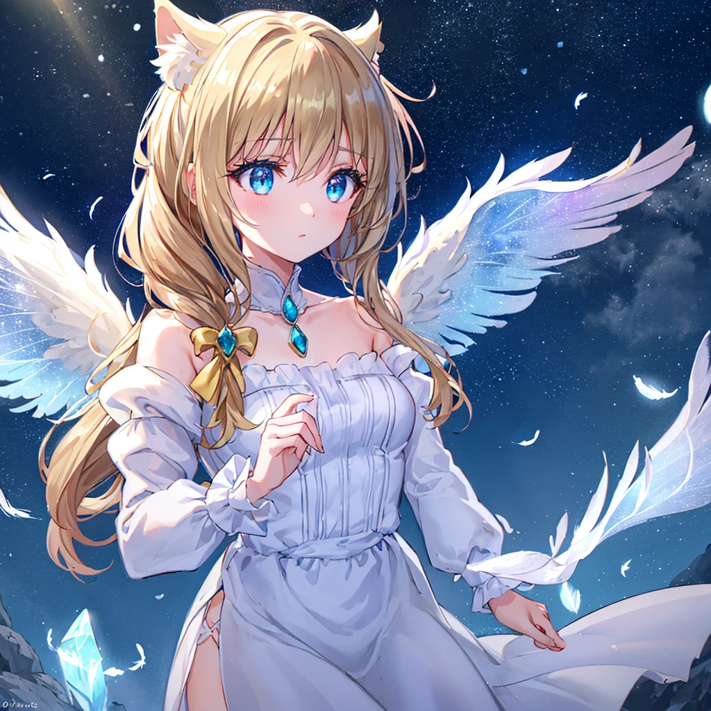 In a mystical setting, a cute cat-eared girl stands with transparent crystal wings outlined by glowing neon light. Snowflakes and shimmering feathers gently drift around her, catching the soft glow of her wings. The transparent wings refract the light, creating subtle rainbows and adding a magical touch to the scene. The girl’s eyes reflect a quiet curiosity, and her delicate features are highlighted by the ethereal glow. The overall atmosphere is serene and enchanting, blending charm, mystery, and beauty into a single captivating moment,