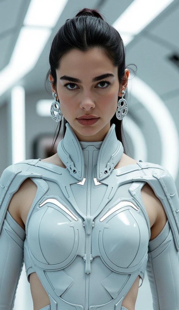 Arafed woman in futuristic suit with futuristic necklace and ear rings