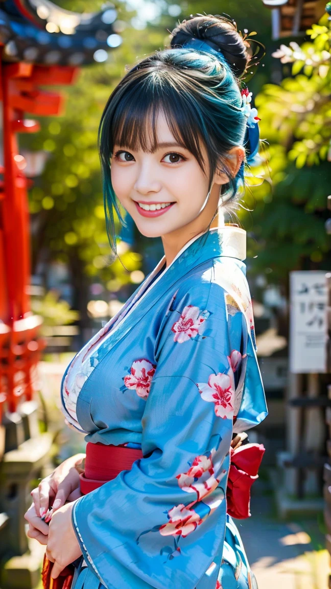 cute looks and cute girl, ( blue hair),  long hair,   flower hair ornament with bun head  ,Beautiful skin, (kimono),   Big Rich Breasts :1.3,  extends hands, Shrine torii gate background , smile,  New Year's ink painting 