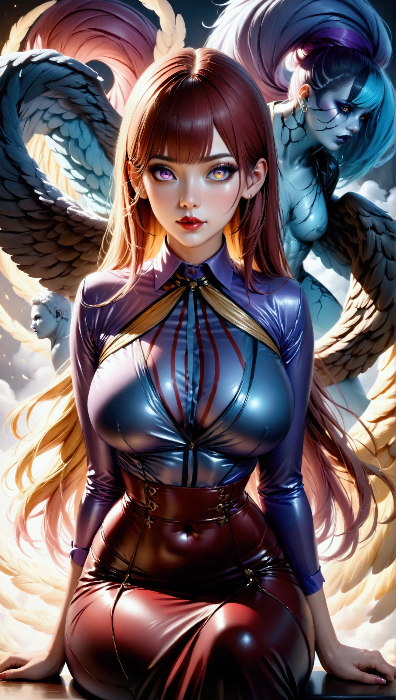 (best quality,8k:1.2,high resolution:1.2),ultra-detalhado,Realistic,vintage godess female,long red curly hair,rosto extremamente detalhados,long eyelashes,big angel wings,soft dark blue dress,cleavage,suntan tights,metalic accessories,Physically-based rendering,sharp focus,studio lighting