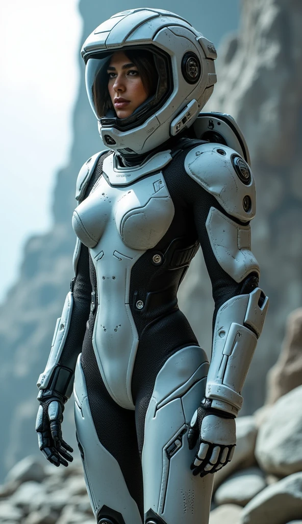 A woman in a futuristic suit with a futuristic helmet on