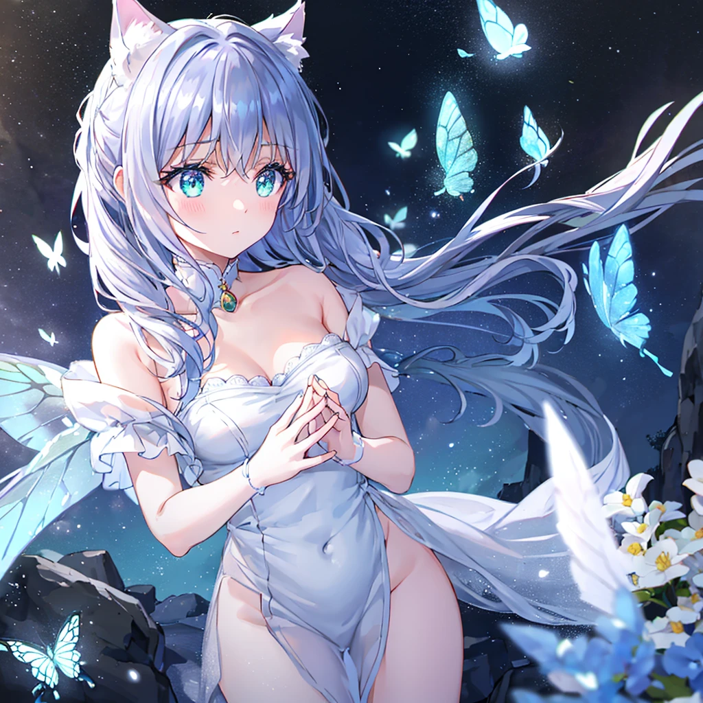 In a mystical setting, a cute cat-eared girl stands with transparent butterfly wings, their edges highlighted by glowing neon light. Snowflakes and shimmering feathers gently drift around her, catching the soft luminescence. The delicate butterfly wings refract subtle hues, creating a spectrum of gentle colors that enhance the fairy-like atmosphere. Her eyes reflect quiet curiosity, and her delicate features are illuminated by a soft glow. The overall scene is serene and enchanting, blending the charm of a cat-eared girl with the ethereal grace of a fairy