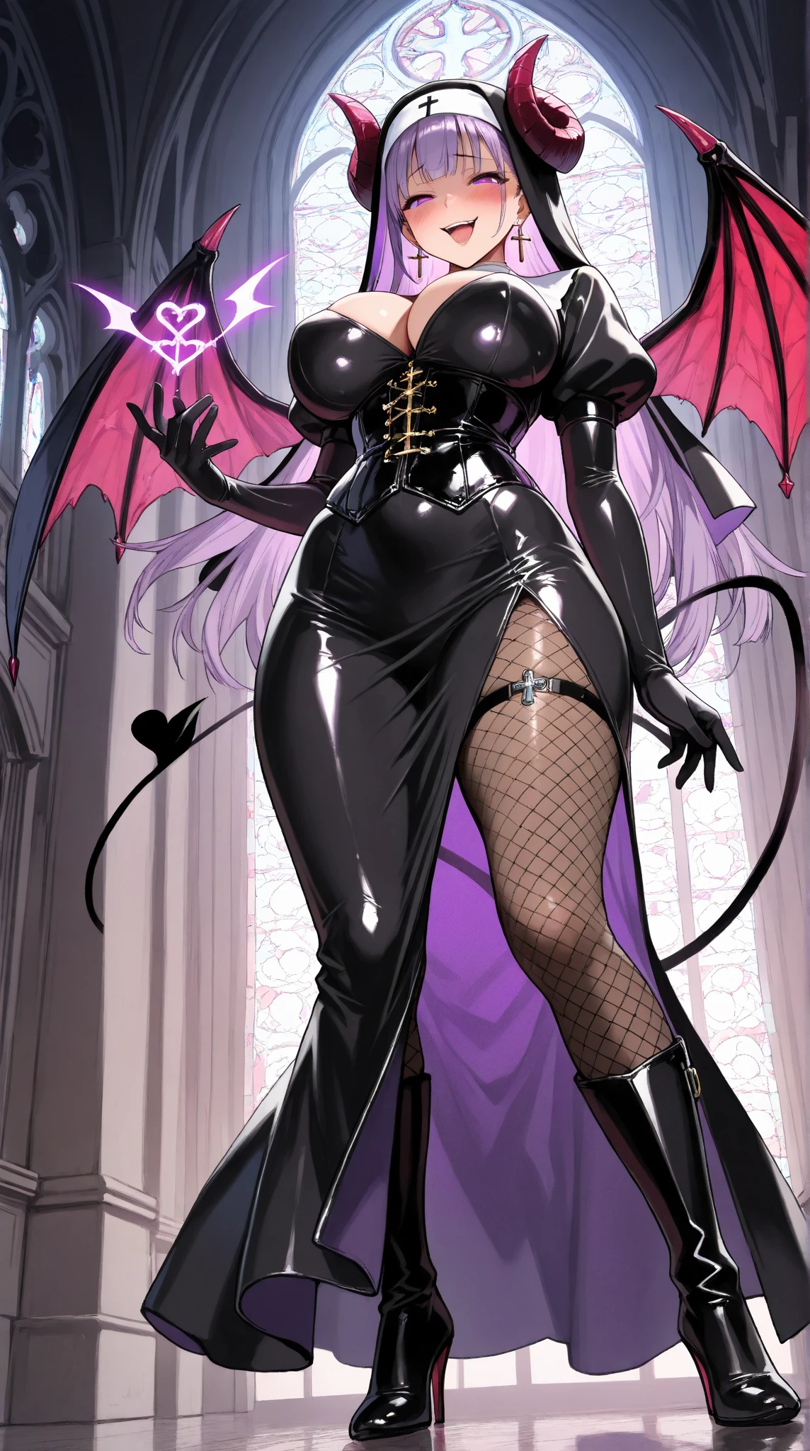 1 mature woman,(masterpiece, top quality, very detailed depiction, Incredibly Absurd High Definition ,),(Devil horns,Devil&#39;s Wings:1.3), devil and nun fusion , evil , long silvery hair , side lock,Blunt buns, princess cut,Nun outfit and bodysuit fusion,魅力的なPerfect female proportions, captivating smile,Beautifully detailed black latex nun bodysuit, Cross , cleavage,knitted corset , EXTRA SHINY FABRIC ,Very wrinkled fabric,Puffy sleeves,Elbow gloves,gem,High quality skin,Reflective fabric,Super beautiful detailed background,Sexy cutout,From below, church background,Earrings, earrings, Cross が描かれた聖なるローブ,( pantyhose:1.2),A female ************************* wearing a 30 denier ,Tight mini straight skirt,Very shiny wrinkled clothes,Perfect female proportions, ideally proportional body proportions, charming proportions , Tight Woman , curvy ,Very beautifully detailed face girl,face focus,( evil な笑顔, sadistic, erotic ,Seductive eyes:1.3, purple eyes),( provocative,Enchanted,Charmed, excited, naughty face:1.2),blush, crazy smile, bodystocking , fishnet tights, high heels, thigh high boots, side view,profile