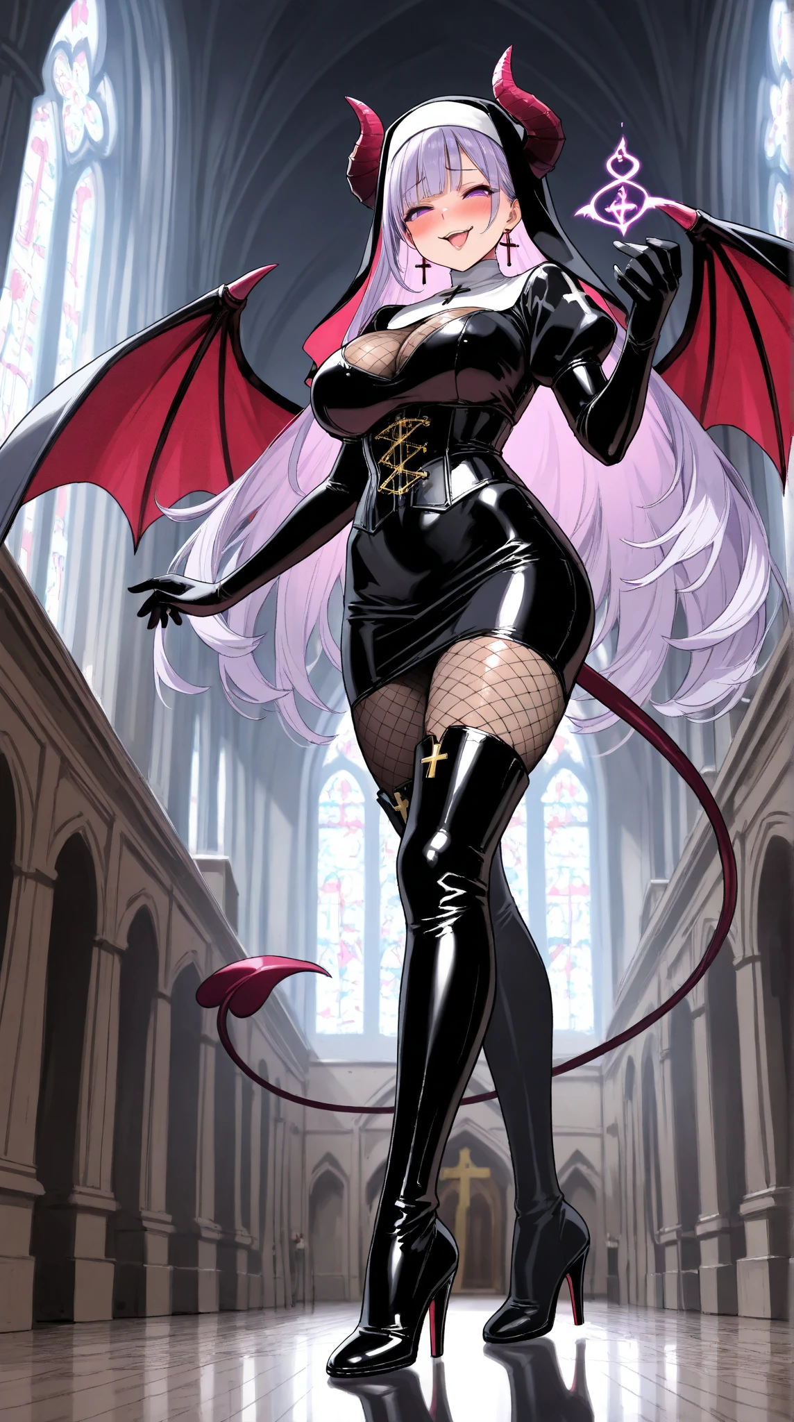 1 mature woman,(masterpiece, top quality, very detailed depiction, Incredibly Absurd High Definition ,),(Devil horns,Devil&#39;s Wings:1.3), devil and nun fusion , evil , long silvery hair , side lock,Blunt buns, princess cut,Nun outfit and bodysuit fusion,魅力的なPerfect female proportions, captivating smile,Beautifully detailed black latex nun bodysuit, Cross , cleavage,knitted corset , EXTRA SHINY FABRIC ,Very wrinkled fabric,Puffy sleeves,Elbow gloves,gem,High quality skin,Reflective fabric,Super beautiful detailed background,Sexy cutout,From below, church background,Earrings, earrings, Cross が描かれた聖なるローブ,( pantyhose:1.2),A female elementary school student wearing a 30 denier ,Tight mini straight skirt,Very shiny wrinkled clothes,Perfect female proportions, ideally proportional body proportions, charming proportions , Tight Woman , curvy ,Very beautifully detailed face girl,face focus,( evil な笑顔, sadistic, erotic ,Seductive eyes:1.3, purple eyes),( provocative,Enchanted,Charmed, excited, naughty face:1.2),blush, crazy smile, bodystocking , fishnet tights, high heels, thigh high boots, side view,profile