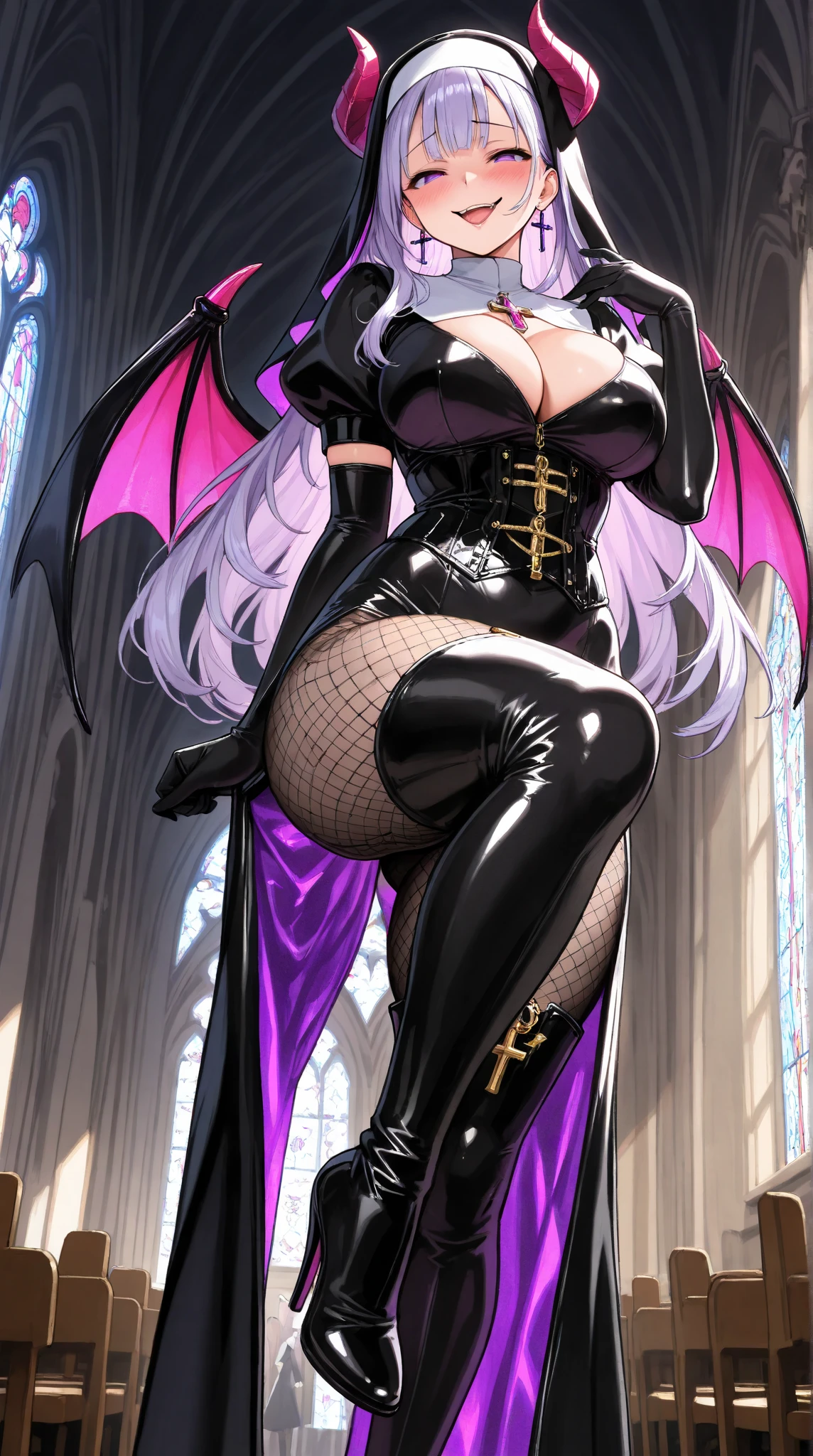 1 mature woman,(masterpiece, top quality, very detailed depiction, Incredibly Absurd High Definition ,),(Devil horns,Devil&#39;s Wings:1.3), devil and nun fusion , evil , long silvery hair , side lock,Blunt buns, princess cut,Nun outfit and bodysuit fusion,魅力的なPerfect female proportions, captivating smile,Beautifully detailed black latex nun bodysuit, Cross , cleavage,knitted corset , EXTRA SHINY FABRIC ,Very wrinkled fabric,Puffy sleeves,Elbow gloves,gem,High quality skin,Reflective fabric,Super beautiful detailed background,Sexy cutout,From below, church background,Earrings, earrings, Cross が描かれた聖なるローブ,( pantyhose:1.2),A female elementary school student wearing a 30 denier ,Tight mini straight skirt,Very shiny wrinkled clothes,Perfect female proportions, ideally proportional body proportions, charming proportions , Tight Woman , curvy ,Very beautifully detailed face girl,face focus,( evil な笑顔, sadistic, erotic ,Seductive eyes:1.3, purple eyes),( provocative,Enchanted,Charmed, excited, naughty face:1.2),blush, crazy smile, bodystocking , fishnet tights, high heels, thigh high boots, side view,profile