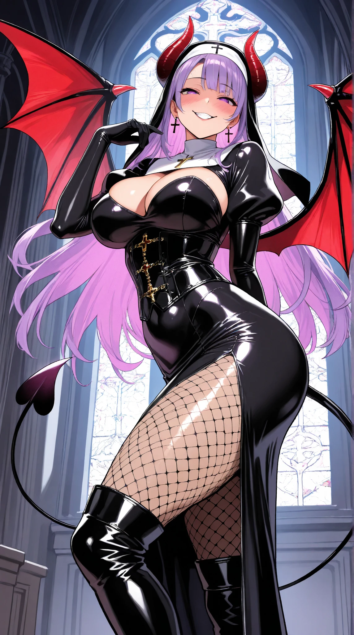 1 mature woman,(masterpiece, top quality, very detailed depiction, Incredibly Absurd High Definition ,),(Devil horns,Devil&#39;s Wings:1.3), devil and nun fusion , evil , long silvery hair , side lock,Blunt buns, princess cut,Nun outfit and bodysuit fusion,魅力的なPerfect female proportions, captivating smile,Beautifully detailed black latex nun bodysuit, Cross , cleavage,knitted corset , EXTRA SHINY FABRIC ,Very wrinkled fabric,Puffy sleeves,Elbow gloves,gem,High quality skin,Reflective fabric,Super beautiful detailed background,Sexy cutout,From below, church background,Earrings, earrings, Cross が描かれた聖なるローブ,( pantyhose:1.2),A female  wearing a 30 denier ,Tight mini straight skirt,Very shiny wrinkled clothes,Perfect female proportions, ideally proportional body proportions, charming proportions , Tight Woman , curvy ,Very beautifully detailed face girl,face focus,( evil な笑顔, sadistic, erotic ,Seductive eyes:1.3, purple eyes),( provocative,Enchanted,Charmed, excited, naughty face:1.2),blush, crazy smile, bodystocking , fishnet tights, high heels, thigh high boots, side view,profile