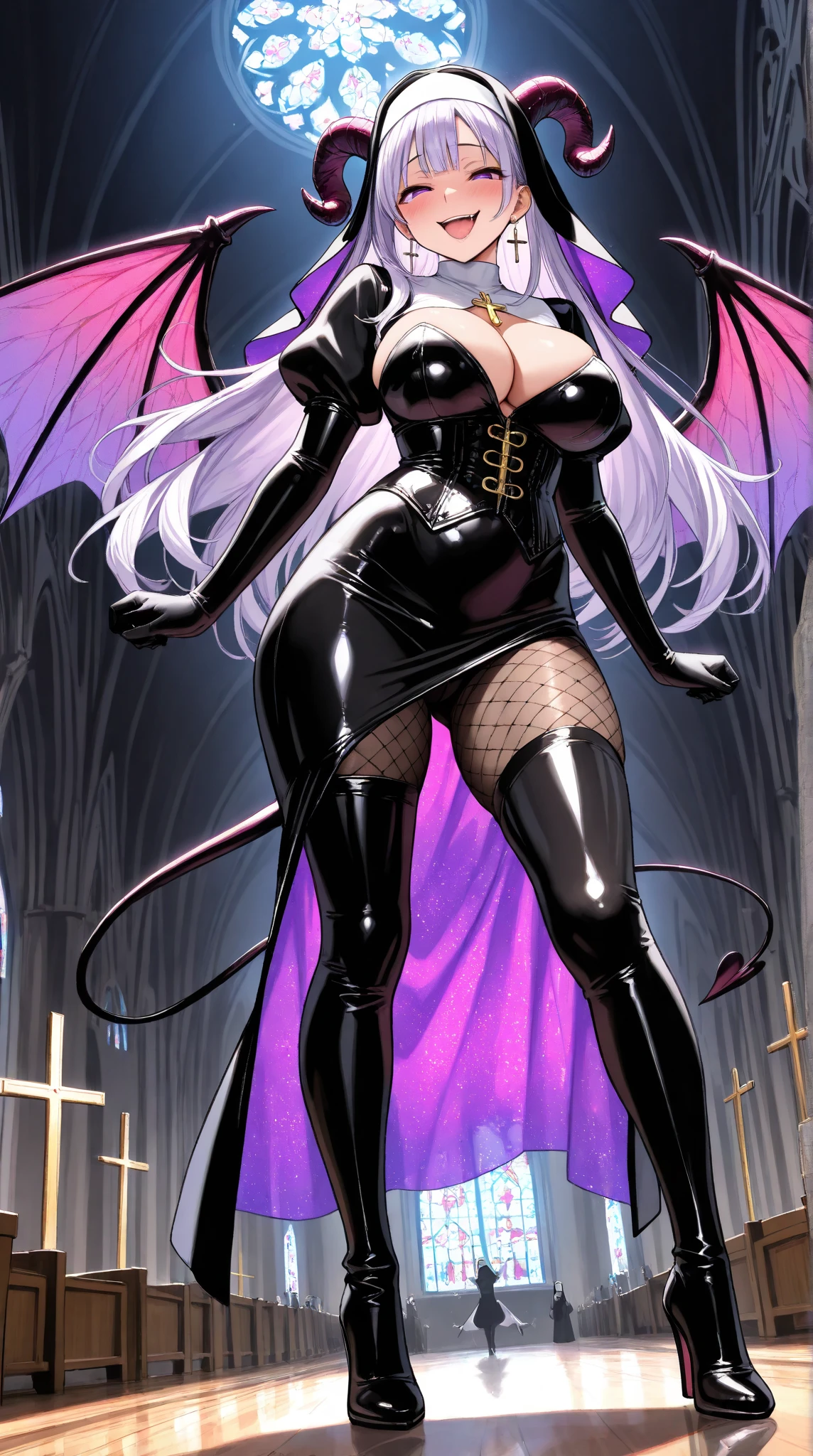 1 mature woman,(masterpiece, top quality, very detailed depiction, Incredibly Absurd High Definition ,),(Devil horns,Devil&#39;s Wings:1.3), devil and nun fusion , evil , long silvery hair , side lock,Blunt buns, princess cut,Nun outfit and bodysuit fusion,魅力的なPerfect female proportions, captivating smile,Beautifully detailed black latex nun bodysuit, Cross , cleavage,knitted corset , EXTRA SHINY FABRIC ,Very wrinkled fabric,Puffy sleeves,Elbow gloves,gem,High quality skin,Reflective fabric,Super beautiful detailed background,Sexy cutout,From below, church background,Earrings, earrings, Cross が描かれた聖なるローブ,( pantyhose:1.2),A female elementary school student wearing a 30 denier ,Tight mini straight skirt,Very shiny wrinkled clothes,Perfect female proportions, ideally proportional body proportions, charming proportions , Tight Woman , curvy ,Very beautifully detailed face girl,face focus,( evil な笑顔, sadistic, erotic ,Seductive eyes:1.3, purple eyes),( provocative,Enchanted,Charmed, excited, naughty face:1.2),blush, crazy smile, bodystocking , fishnet tights, high heels, thigh high boots,View from behind