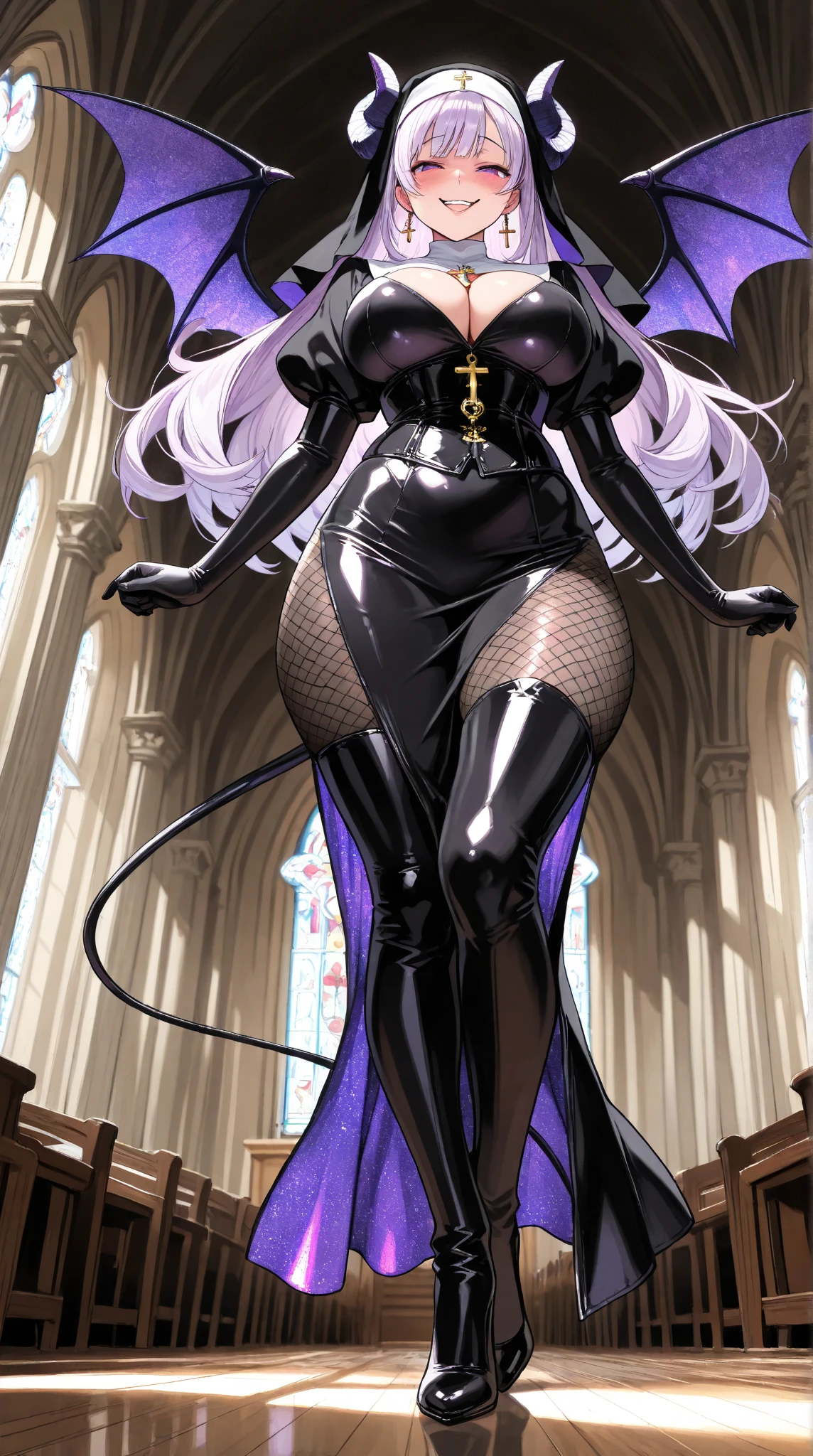 1 mature woman,(masterpiece, top quality, very detailed depiction, Incredibly Absurd High Definition ,),(Devil horns,Devil&#39;s Wings:1.3), devil and nun fusion , evil , long silvery hair , side lock,Blunt buns, princess cut,Nun outfit and bodysuit fusion,魅力的なPerfect female proportions, captivating smile,Beautifully detailed black latex nun bodysuit, Cross , cleavage,knitted corset , EXTRA SHINY FABRIC ,Very wrinkled fabric,Puffy sleeves,Elbow gloves,gem,High quality skin,Reflective fabric,Super beautiful detailed background,Sexy cutout,From below, church background,Earrings, earrings, Cross が描かれた聖なるローブ,( pantyhose:1.2),A female elementary school student wearing a 30 denier ,Tight mini straight skirt,Very shiny wrinkled clothes,Perfect female proportions, ideally proportional body proportions, charming proportions , Tight Woman , curvy ,Very beautifully detailed face girl,face focus,( evil な笑顔, sadistic, erotic ,Seductive eyes:1.3, purple eyes),( provocative,Enchanted,Charmed, excited, naughty face:1.2),blush, crazy smile, bodystocking , fishnet tights, high heels, thigh high boots,View from behind