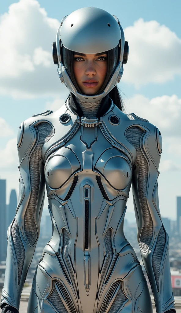 A woman in a futuristic suit with a futuristic helmet on