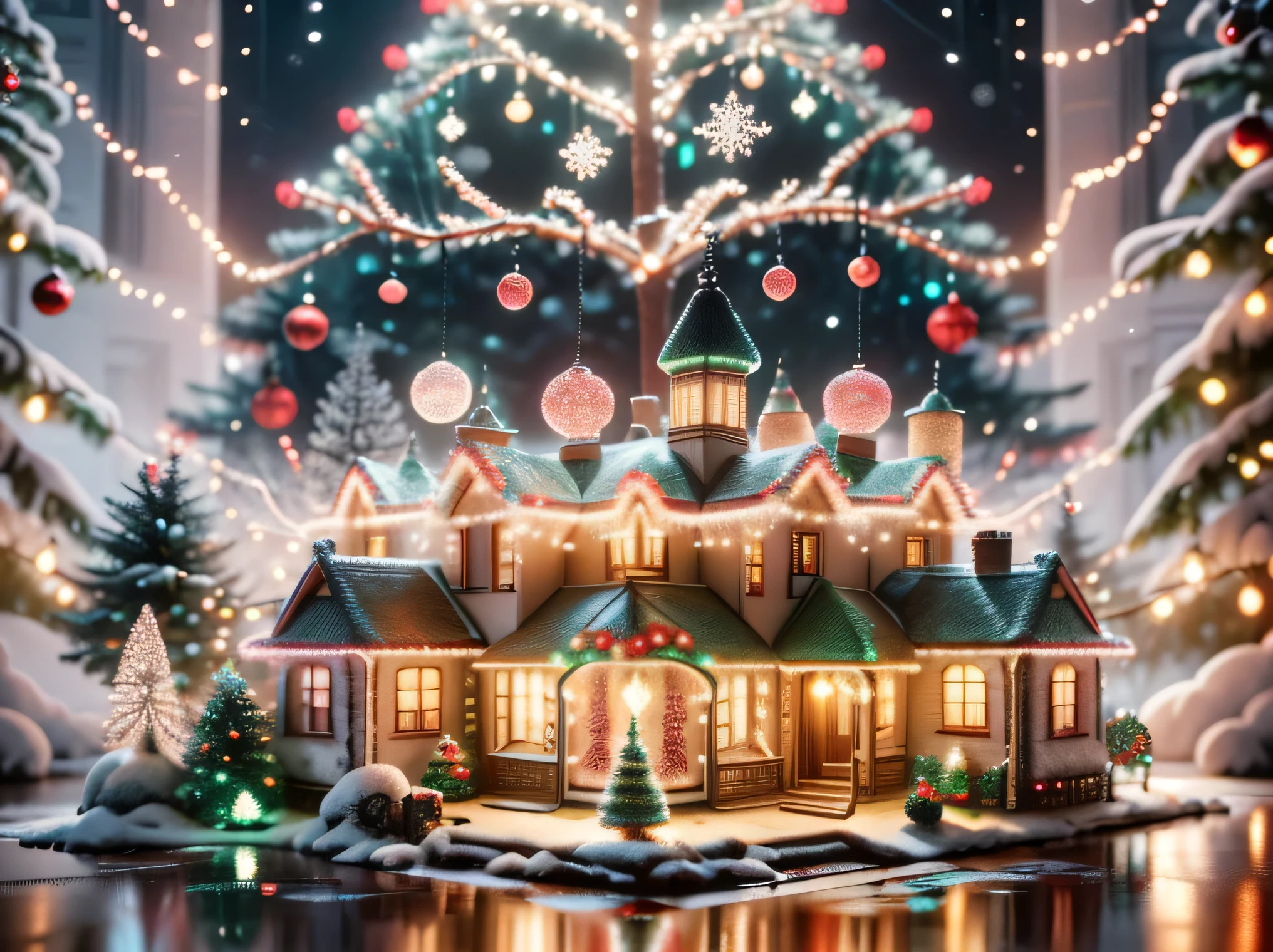 (Best Quality, Super Detail, Masterpiece, Representative Work, Official Art, Professional, Super High Detail, 8k:1.3) Christmas tree, created with garlands on the wall. The tree should be brightly lit, with multi-colored lights hanging from top to bottom. Use garlands in different shapes: some of them form the classic silhouette shape of the tree, and others create textures and patterns around it, in the form of Christmas tree ornaments and snowflakes. In the background is an image of a cozy room with warm lighting, decorated with Christmas decorations, such as hanging stockings, garlands and wreaths. Add details, such as soft toys and gifts under the "tree", to create a festive and cozy atmosphere. Aurorastyle, Highly detailed Dynamic shot, high quality, beautiful masterpiece, kawaii, digital art, glowing sparkles, Realistic, Beautiful, Soft Volumetric Light, (Backlight:1.3), (Cinematic:1.2), Intricate Details, (ArtStation:1.3), --auto --s2