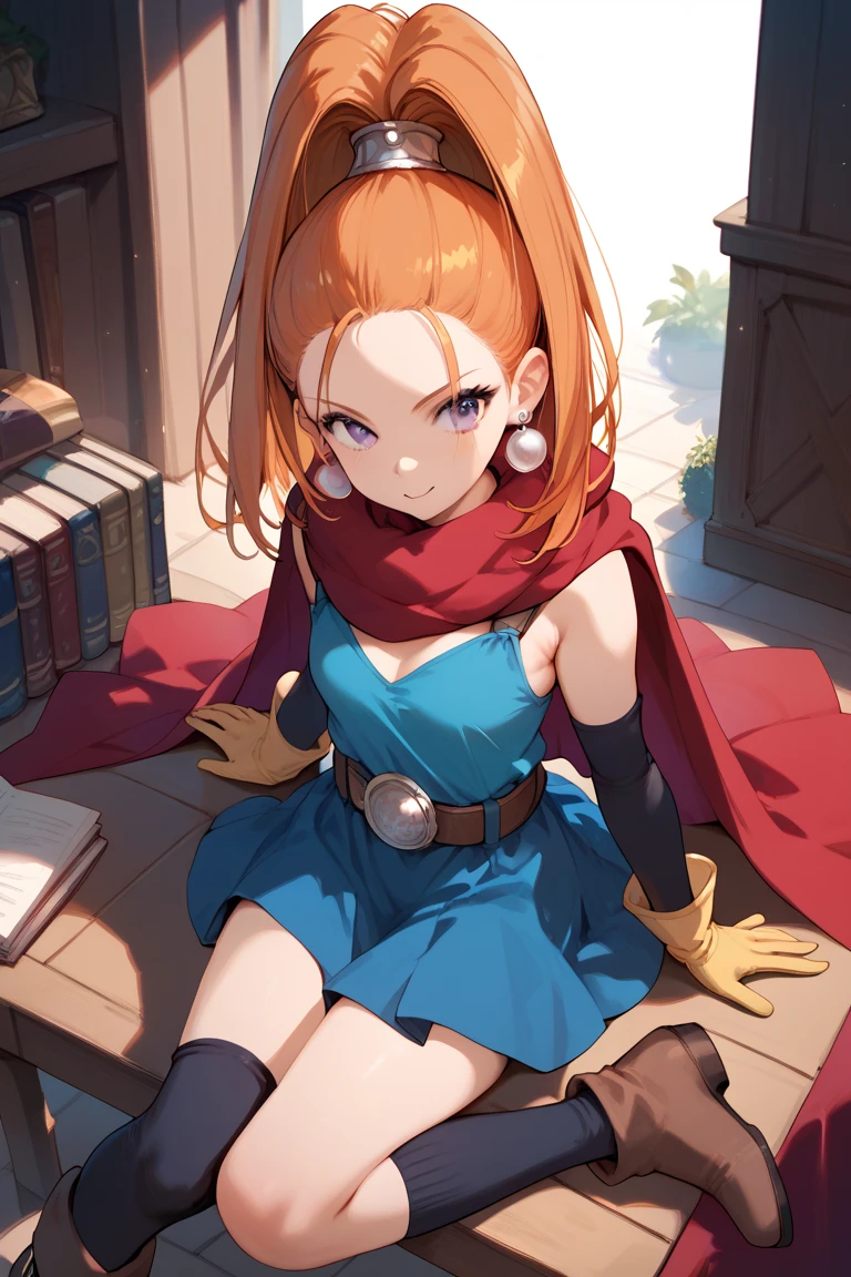 dqbbra, 1girl, orange hair, high ponytail, long hair, purple eyes, earrings, small breasts,
 jewelry, red cape, blue dress, elbow gloves, yellow gloves, belt, blue skirt, black socks, boots,