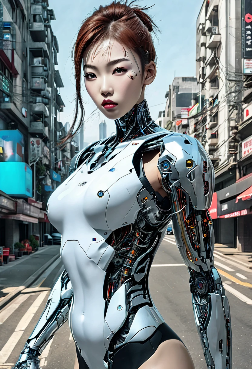 1 woman, 18 years old,  full body, White T-shirt,  black stockings ,((anatomically beautiful face)) (Slim body)( big boobs),(The ultra-detailed stocking expression ), ( cyborg : 1.5),  background is a ruined city block, Vivid details, Advanced Cyberpunk, hyper- realistic, 8k,  best quality, masterpiece,  Very Detailed ,((Anatomical perfection )) ( realistic, photo- realistic: 1.37), ((((Korean beauty:1.5)))