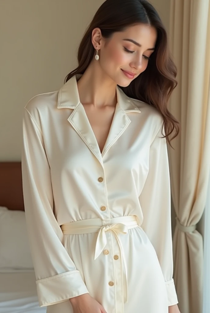 Masterpiece,Best quality, (maam. clerk:1), ((Portrait:1.3)), Cross arms, Smile,Deep V-neck pajamas temptation,Long legs,skin hyper-detail,Clear pores,in a panoramic view,Cocked buttocks,black lence stockings,Beautiful young Japanese woman over 40 years old, Perfect face, Fantastic look, (Detailed facial features), Clean and nice face