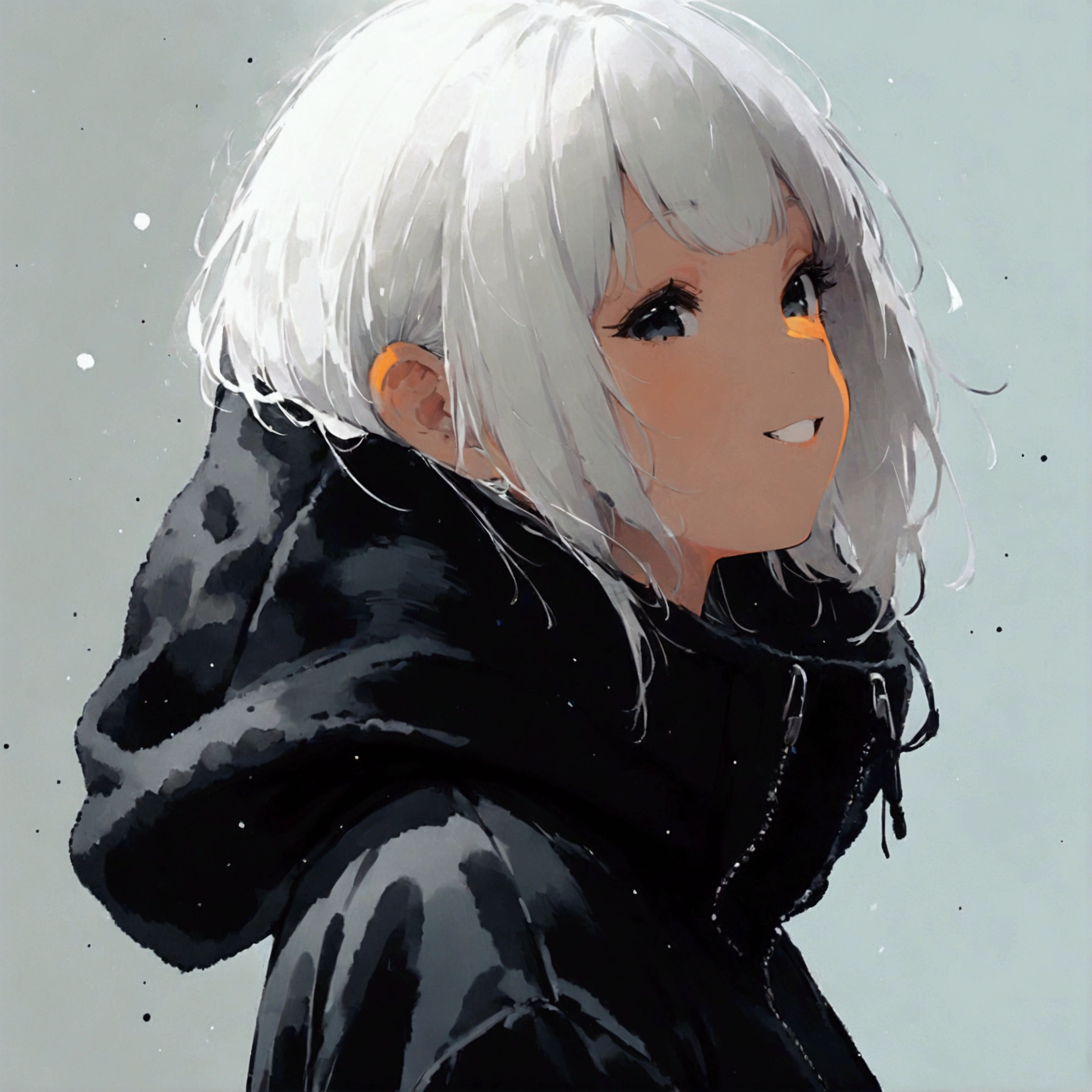 ((black:1.5)), ((white:1.5)), best quality, very aesthetic, absurdres,flat color,grin, white hair, black hoodie, face closeup, ((duotone:1.5)), solid background, white hair