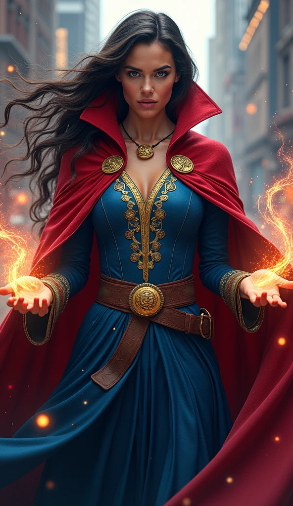 Make it like the movie Doctor Strange,Large, dark door in three-dimensional background inside the castle, Korean Woman (Age 25), Brunette ((Brunette)),(((Doctor Strange 3D Magic Effect Background))) , perfect faces, perfect  eyes, Perfect nose, Perfect mouth, clothed ((The Perfect Doctor Strange Costume)), High-quality clothes that show the breasts, large full breasts, upper body shot, Full Body Shot, Full Body Shot,