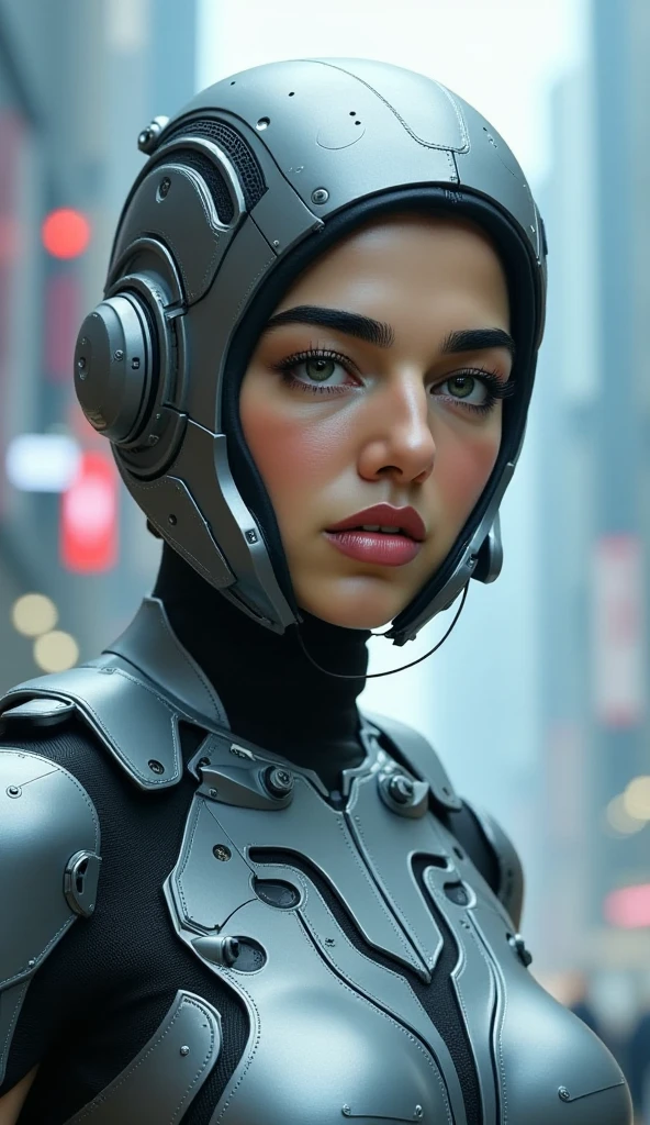 A woman in a futuristic suit with a futuristic helmet on