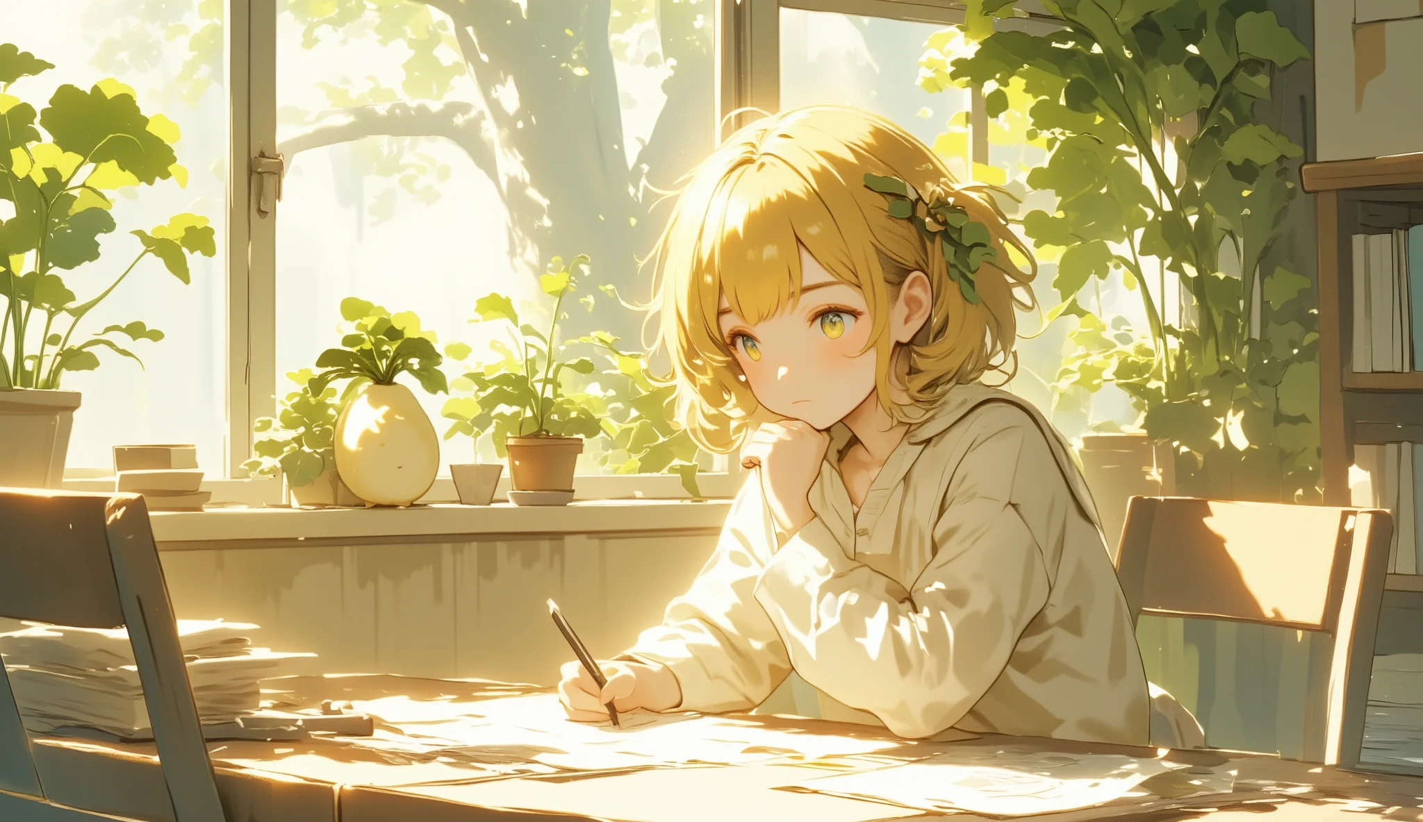 One Thursday afternoon, Beautiful sunlight shining through the trees in the garden.A girl peeks into the room through the window and sees a live Daikon radish, champagne color illustration, Φ, Universe, A living Daikon radish is writing a letter to his first love at his desk, Illustration with saffron yellow as the main color, Potsdom, sunshine yellow illustration, for day one, calm atmosphere, Gesellschaft, Society, Exppressive