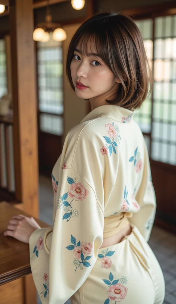 19 years old 、bangss、((( Yukata)))、Medium milk, cute  face、(Butt sticking out pose)、(turned around)、sexy hips、箱根の老舗旅館、Photos showing the whole body茶髪, 