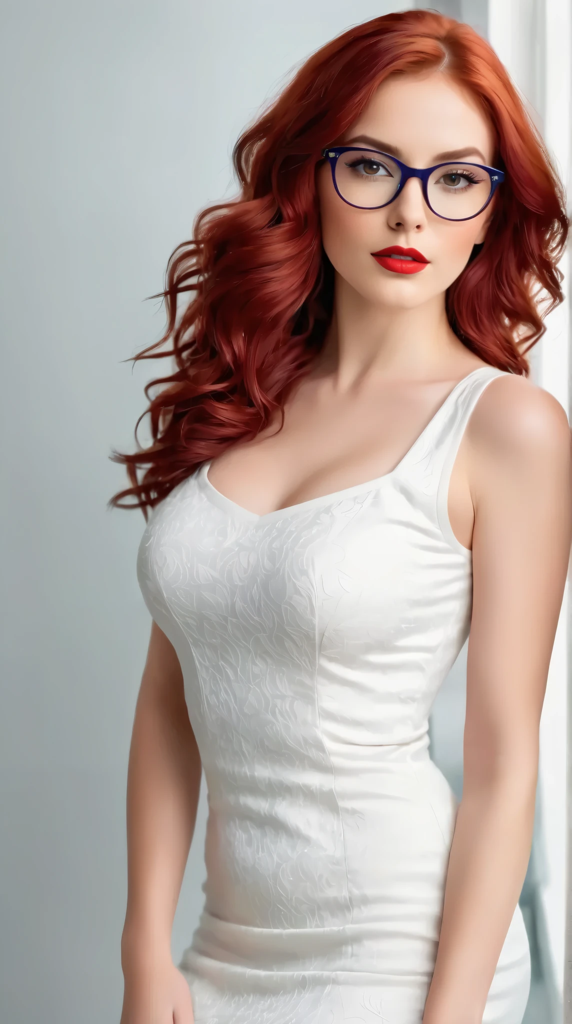  sexy girl with red hair ,  that fall wavy to her shoulders .  Her face radiates natural beauty with big brown eyes , full of vitality .  She wears stylish thin-framed glasses ,  which gives her look an intellectual and sexy look .  Her delicate facial features ,  soft lips and an expressive look create a feeling of confidence and sexuality .  She is wearing a red top with a deep neckline medium-sized chest with nipples sticking out from under the top, which goes well with a short tight skirt , emphasizing her sexuality and style .  Full-length standing ,  her figure radiates sexuality and confidence , With curves,  that emphasize her grace and attractiveness.  Her posture is confident and noble ,  and her overall aura combines refinement , warmth and light ,  fascinating sexuality ." Sports