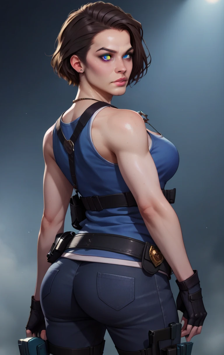 score_9, score_8_up, score_7_up, BREAK jillvalentineSDXL, 1girl, solo, short hair, chestnut hair, blue eyes, gloves, jewelry, standing, black gloves, belt, pants, fingerless gloves, necklace, black footwear,  lips, gun, tank top, realistic, holster, thigh holster, jill valentine, cowboy shot, from behind, ass, in dark mansion 