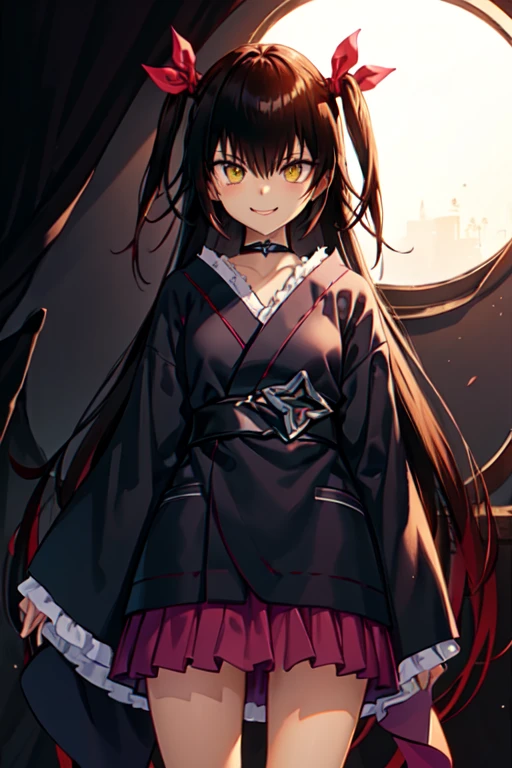 nemesis,best quality, long hair, black hair, two side up, hair ribbon, tan,. dark skin, black choker, frills, japanese black clothes, obi, purple hakama short skirt, standing,evil smile