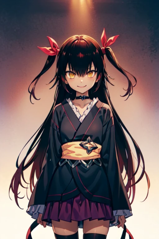 nemesis,best quality, long hair, black hair, two side up, hair ribbon, tan,. dark skin, black choker, frills, japanese black clothes, obi, purple hakama short skirt, standing,evil smile