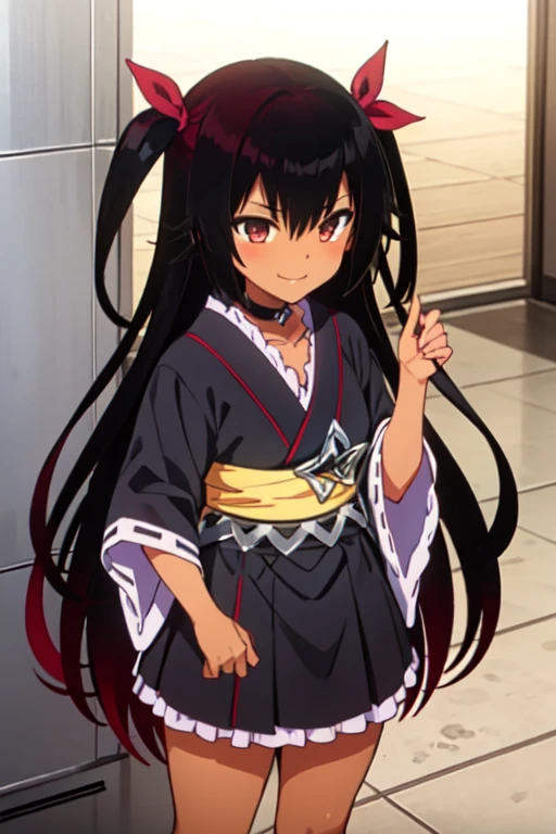 nemesis,best quality, long hair, black hair, two side up, hair ribbon, tan,. dark skin, black choker, frills, japanese black clothes, obi, purple hakama short skirt, standing,evil smile